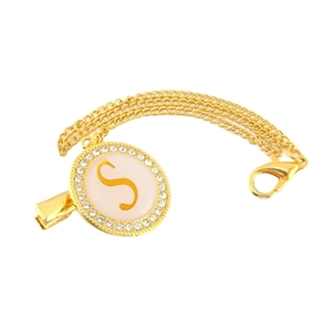 Golden pacifier clip with rhinestone pendant and pink enamel letter S on white background