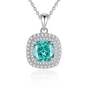 Macro shot of S925 silver necklace with square blue gemstone and double diamond halo