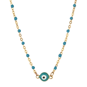 Detailed view of evil eye necklace with turquoise beads and gold stainless steel chain