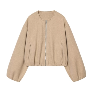Women's camel soft bomber jacket with lantern sleeves and metal zipper in cropped fit