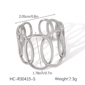 Detailed view of hollow oval geometric ring with precise diameter and weight specs