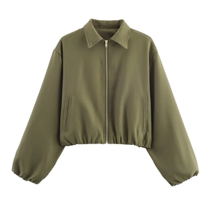 Army green zip-up puffed jacket for women with lapel collar and elasticated cuffs