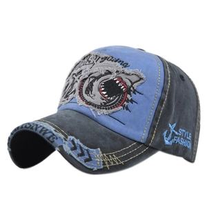 Vintage shark embroidery baseball cap in washed blue and grey with distressed details