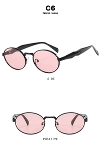 Side and front view of retro oval sunglasses with black frames and pink lenses