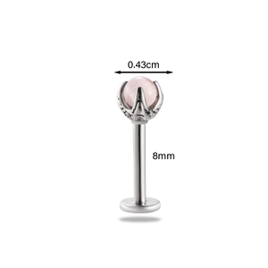 Detail view of pink cat eye stone stud with 8mm titanium steel post and 0.43cm claw setting