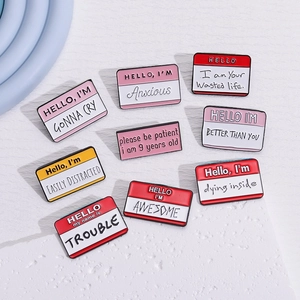 Funny enamel speech bubble metal pins set with cute name tag designs for bags and clothes