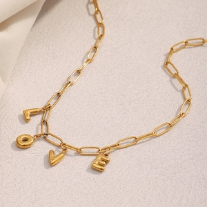 LOVE Letter Pendant Necklace 18K Gold Plated Stainless Steel Paperclip Chain Fashionable Daily Jewelry For Women