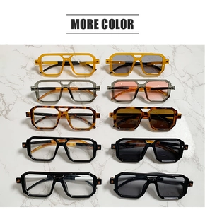 Grid display of double-bridge square sunglasses available in ten different color options