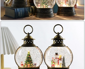 Close-up of vintage bronze Christmas lanterns with warm lighting and snow globe effects