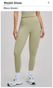 Close-up of high-waisted moss green yoga leggings with tummy control and butt lift details