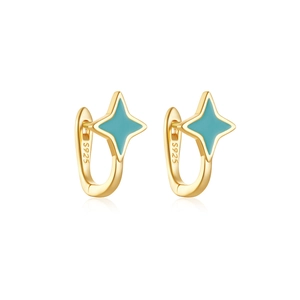 Close-up of S925 sterling silver star hoop earring with teal enamel and gold finish