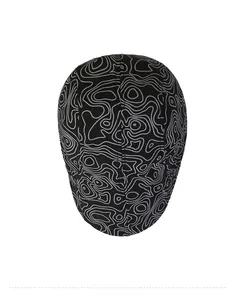 Top down view of a men's winter wool cap featuring unique grey topographic line patterns