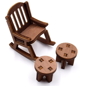 Miniature wooden furniture set with a rocking chair and stools for dollhouse decoration
