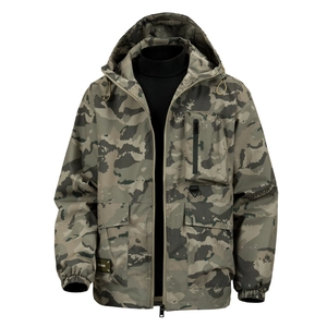Men Hooded Camouflage Jacket Polyester Windproof Multi Pockets Tactical Outdoor Loose Coat