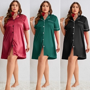 Camicia Da Notte In Raso Taglie Forti Donna Manica Corta Bottoni Pigiama In Raso Bordino A Contrasto