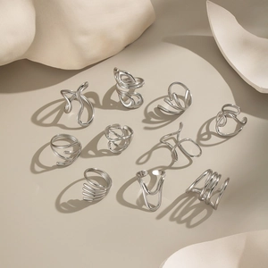 Geometric Line Rings Stainless Steel Minimalist Silver Tone Irregular Abstract Adjustable Waterproof Jewelry For Women