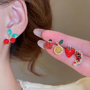 10 Pieces Alloy Rhinestone Fruit Stud Earrings Set For Women Sweet Strawberry Cherry Watermelon Design Stainless Steel Post Earrings