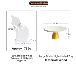 Specifications for plaster cat ornament and wooden pedestal jewelry display tray stand