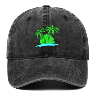 Dark grey washed cotton baseball cap featuring colorful palm tree embroidery