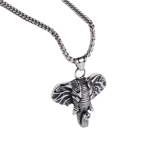 Thai Buddha elephant head pendant necklace in silver stainless steel with box chain