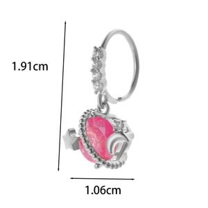 Detailed view of silver hoop piercing with pink planet star moon charms and dimensions