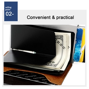 Detail showing brown leather RFID wallet with pop-up card mechanism and cash clip