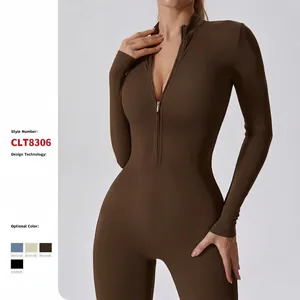 Women's Long Sleeve One Piece Yoga Jumpsuit Half Zip Standing Collar Athletic Bodysuit High Elastic Gym Unitard Top And Bottom