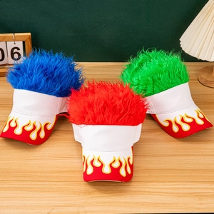 Detailed view of novelty sun visors with spiked wig hair and flame embroidery in three colors