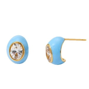 French vintage gold-plated drop earrings with light blue oval resin and zircon stones