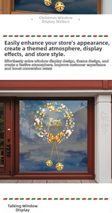 Close-up of golden Christmas wreath window sticker with Merry Christmas greeting and bells