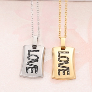 Love Rectangular Pendant Necklace 316L Stainless Steel 18K Gold Plated Polished Engraved Lettering Minimalist Jewelry