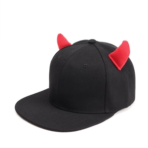 Black hip hop snapback hat featuring unique 3D red devil horns and flat brim detail