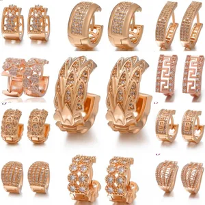 Detailed grid showing twelve assorted rose gold zircon inlaid hoop earrings with heart patterns