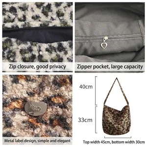 Fuzzy leopard print plush tote bag for women featuring a top zipper and heart metal logo