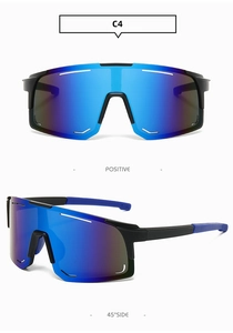 Front and 45-degree side view of oversized blue mirrored sports sunglasses with black frame
