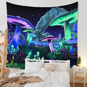 Detail view of psychedelic mushroom tapestry hung in a cozy bedroom setting