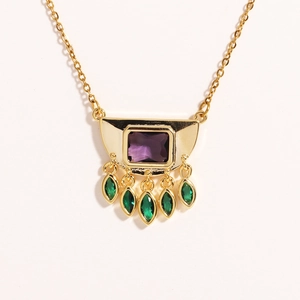 Hip hop gold chain necklace with purple rectangular gem and green teardrop stones