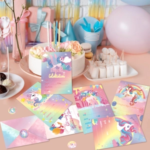 Unicorn party invitation set with envelopes and stickers for kids birthday celebrations