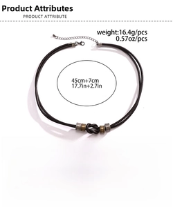 Detail view of double-layer PU leather knotted necklace with metal slide beads and spec list
