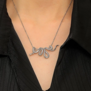 Detailed view of silver snake-shaped necklace with matte texture worn on the neck