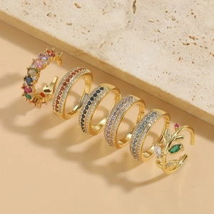 Fashion Adjustable Open Ring Copper 14K Gold Plated Colorful Zircon Leaf Geometric Jewelry For Women