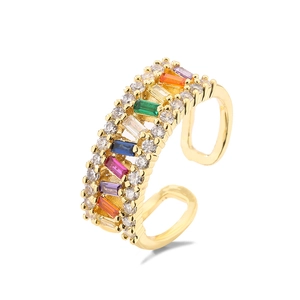 Luxurious gold-plated geometric open ring with colorful zircon stones in a staggered layout