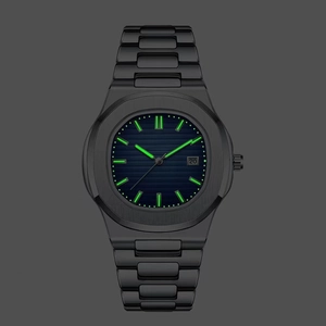 Black Nautilus style watch with luminous green markers and blue dial on dark background