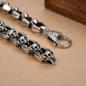 Vintage stainless steel skull chain bracelet with lobster clasp for men in silver finish
