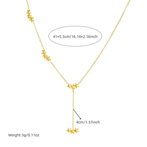 Detail view of gold Y-shaped star tassel necklace with length and weight specifications