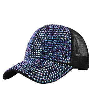 Detailed view of colorful rhinestones on a black mesh baseball cap for women