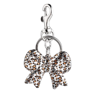 Chic leopard print bow keychain with a silver metal clasp and ring for car keys
