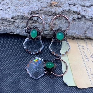 Vintage bronze necklace with green agate and maple leaf crystal pendant for women