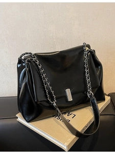 Retro black glossy PU leather tote bag with silver chain strap and metal buckle