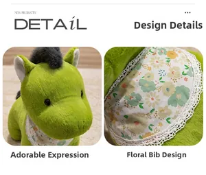 Close-up of cute green plush horse with floral lace bib and grey mane details